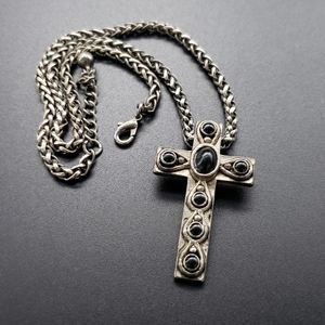 LAST CHANCE Metal Cross & Black Gems Necklace